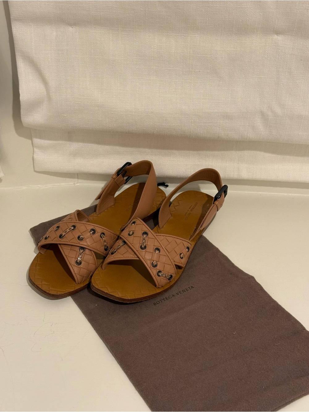 Bottega Veneta Tan Leather Studded Woven Slingback Sandals